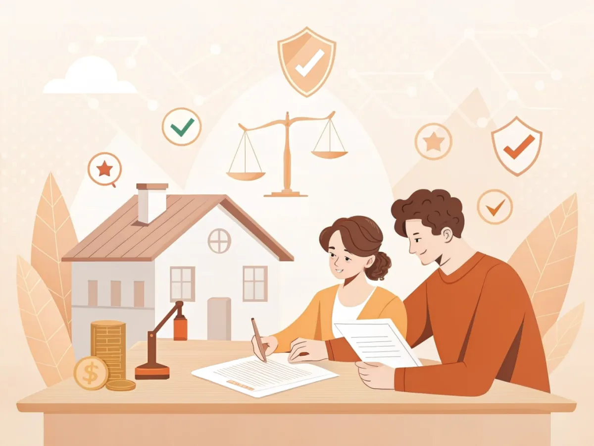 Couple comparant deux contrats d’assurance emprunteur devant une maison — illustration.