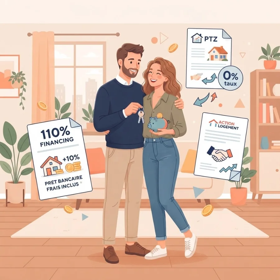 Couple de primo-accédants et dispositifs de financement — illustration.